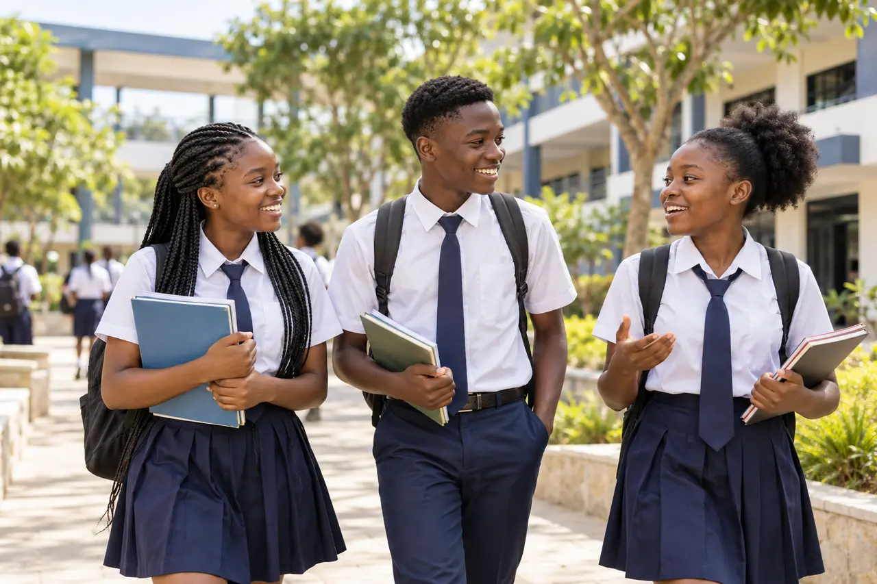 African secondary-school students walking together with their books in a school courtyard